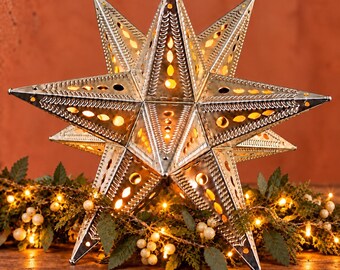 Mexican Estrella Luminaria, Moravian Tin Star Christmas Tree Topper, Xmas Topper 9 inch or 12.5 inch