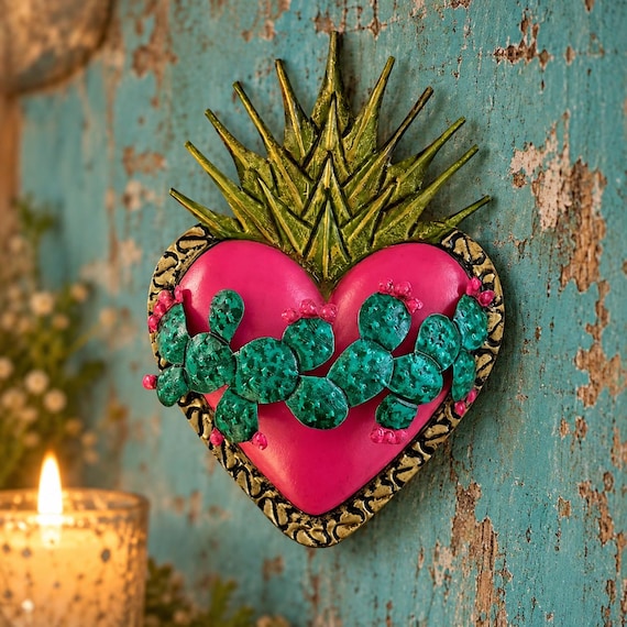 CACTUS HEART, Mexican Tin Sacred Heart with Flames, Pink