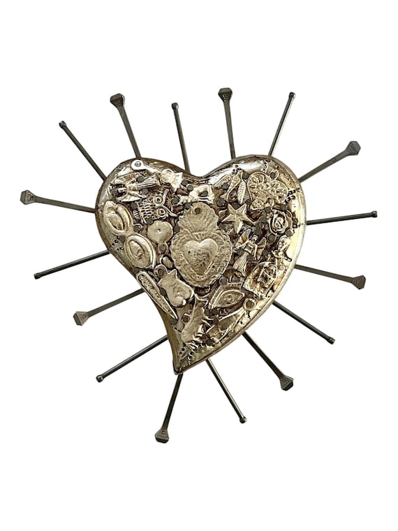 Milagros Sacred Heart, 8” Embossed Tin & Wood Mexican Corazón with Nails