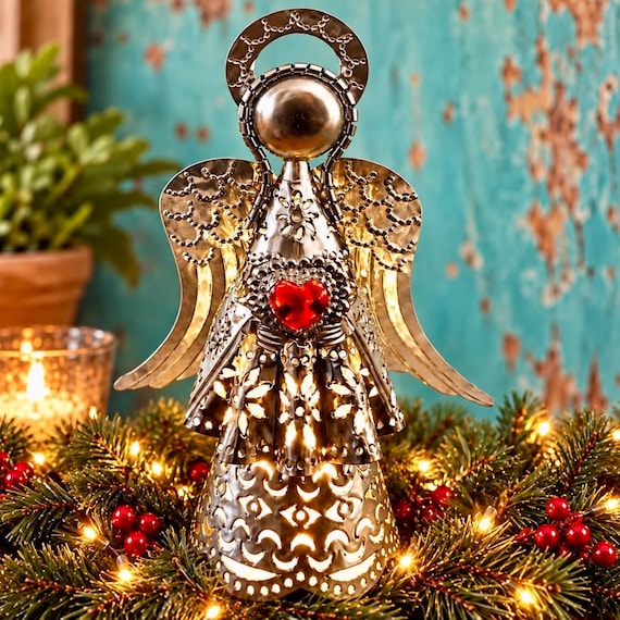 Tin ANGEL Luminaria with Red GLASS HEART Mexican Punched Tin Christmas Tree Topper