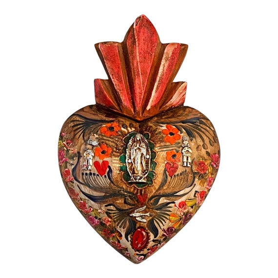 Virgin GUADALUPE Sacred HEART, Mexican Milagros Corazon 8 1/2"H