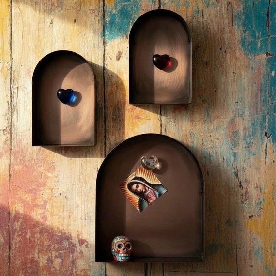 Mexican Tin NICHO  Shadowbox with/without Glass Heart Magnet, Stand or Hang