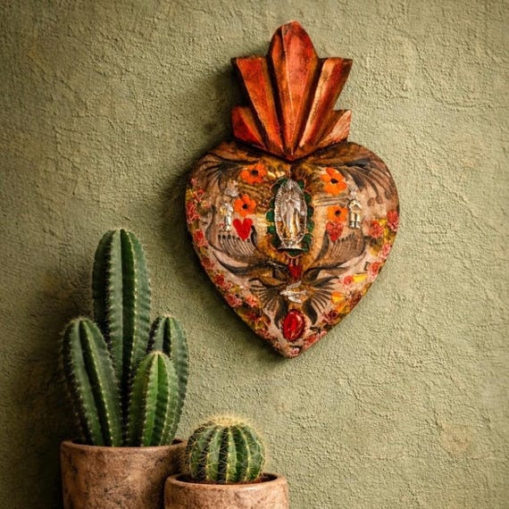 Virgin GUADALUPE Sacred HEART, Mexican Milagros Corazon 8 1/2"H