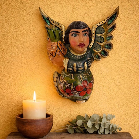 Mexican ANGEL with Pineapple, Full Body Hanging Carved Wood Angel