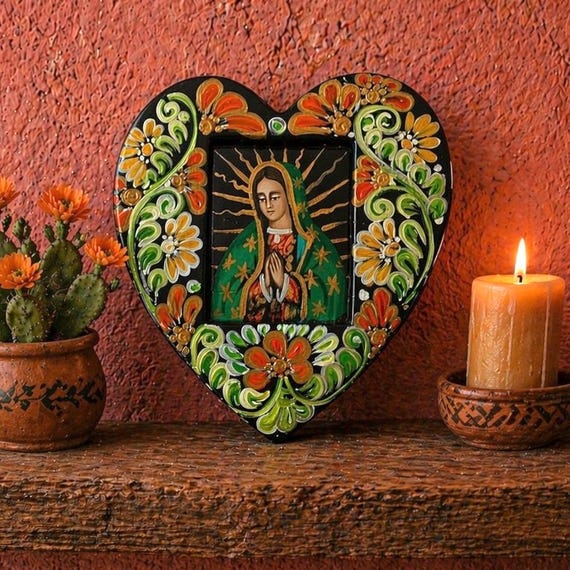 VIRGIN GUADALUPE Retablo Heart, Mexican Corazon LARGE 10"