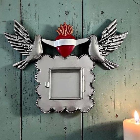 SACRED HEART Frame with Doves, Mexican Tin Heart Nicho, Shadowbox Niche, Silver