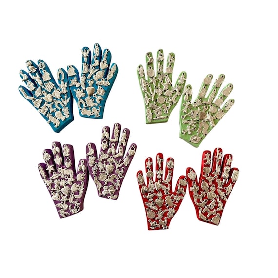 PAIR Mexican MILAGROS HANDS, Set (2) Small Hands With Charms, ExVotos Healing Hands