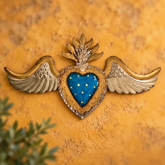 Mexican Tin SACRED HEART with Wings Luminaria, Winged Corazon 24"W