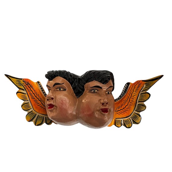 WOOD ANGEL, Two Faces Painted Angel, Cherub, Mexican Chubby Cheeks Angel