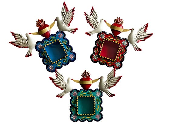 SACRED HEART Nicho with Doves, Mexican Tin Heart Nicho Frame, Palomas Corazon