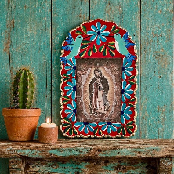 Mexican Nicho with Hummingbirds, Virgin GUADALUPE, Hand Painted Tin Frame 8”