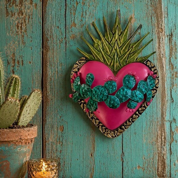 CACTUS HEART, Mexican Tin Sacred Heart with Flames, Pink