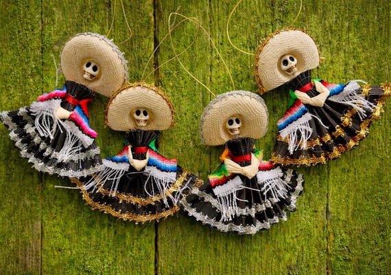 Day of the Dead CATRINA Ornaments Magnets, Set (4) CORN HUSK Mexican Christmas Decorations Party Favors