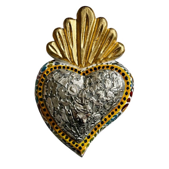 Milagros SACRED HEART, LARGE Heart with Charms, Mexican ExVotos Painted Corazon