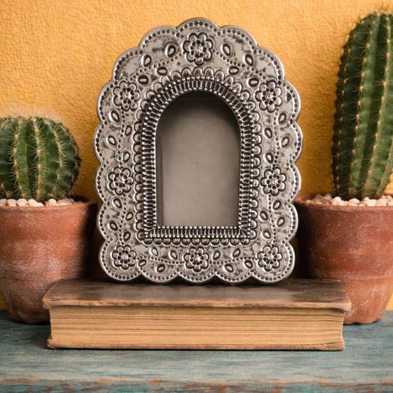 Mexican Tin NICHO, Arched Shadowbox Frame, Silver or Oxidized 7 1/2"H