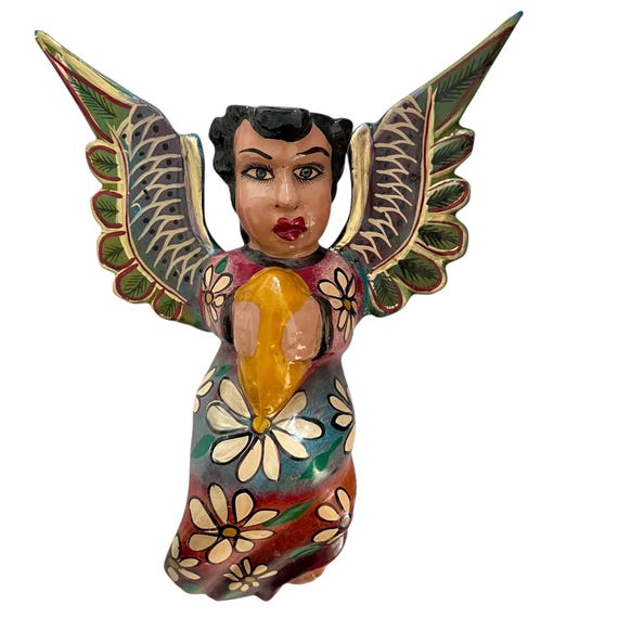 Mexican ANGEL, Full Body Hanging Carved Wood Angel, Guerrero Carving