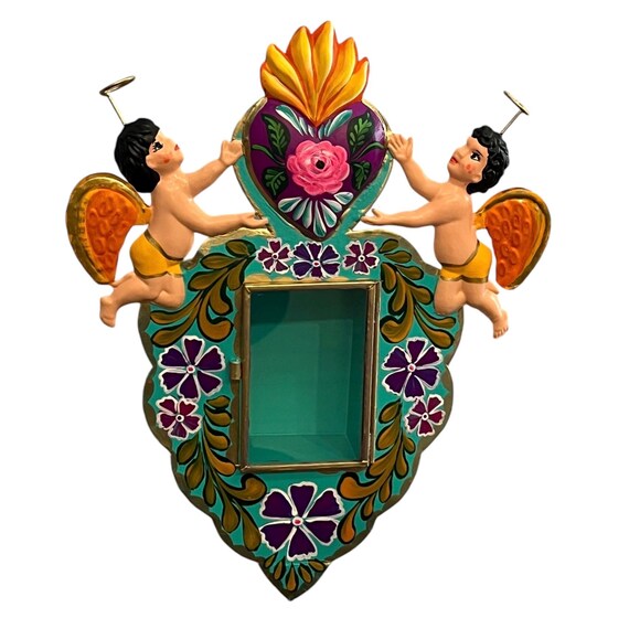 Tin HEART Nicho FRAME Sacred Heart & Angels , Punched Tin Heart, Mexican Corazon LARGE