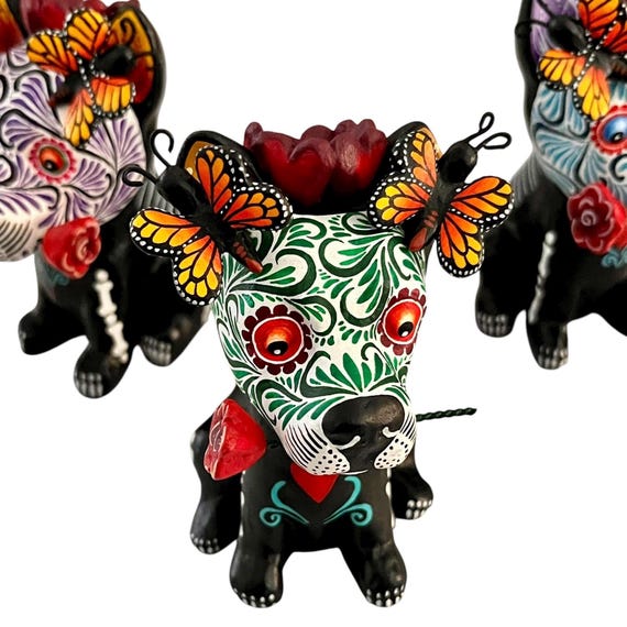 Day of the Dead Dog, Altar Ofrenda Decoration, Mexican Pottery, Skeleton Puppy with Butterflies