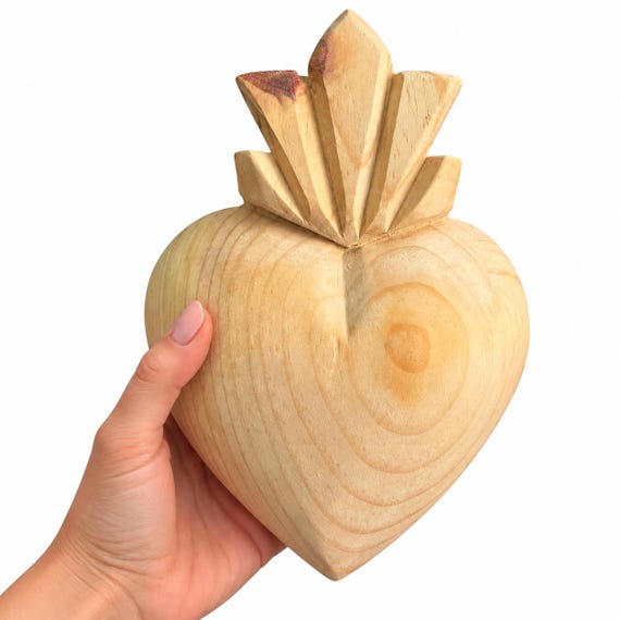 Carved Sacred Heart - DIY Craft , Unpainted LG Wood Heart 8”H