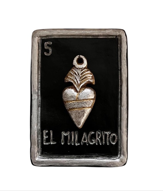 LARGE Clay LOTERIA CARD Plaque, El Milagrito, Milagro Heart 9”