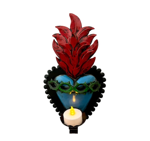 SACRED HEART Nicho, Mexican Punched Tin Candleholder, Corazon with Thorns 10” Blue