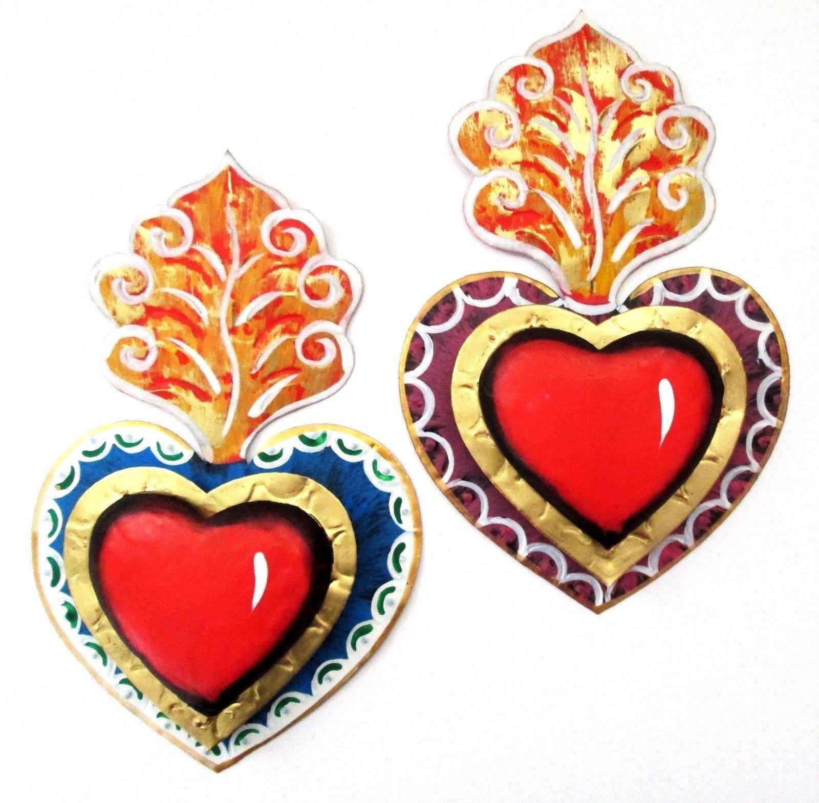 Punched Tin Sacred Hearts Set (2) 8.5H Tin Anniversary 10th Anniversary