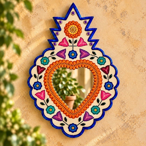 Mexican Tin HEART MIRROR, Hand Painted Corazon Nicho LG 12”