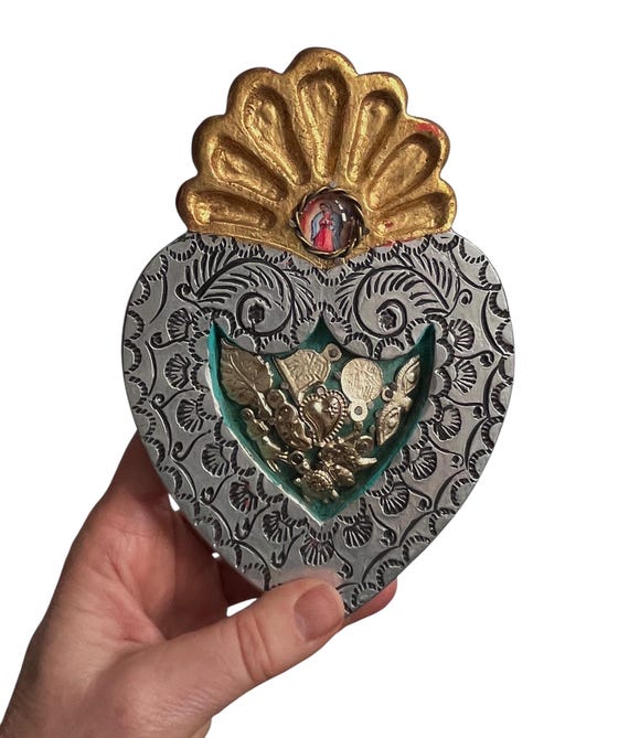 Sacred Heart Milagro: Embossed Tin & Wood ExVoto - Virgin Guadalupe