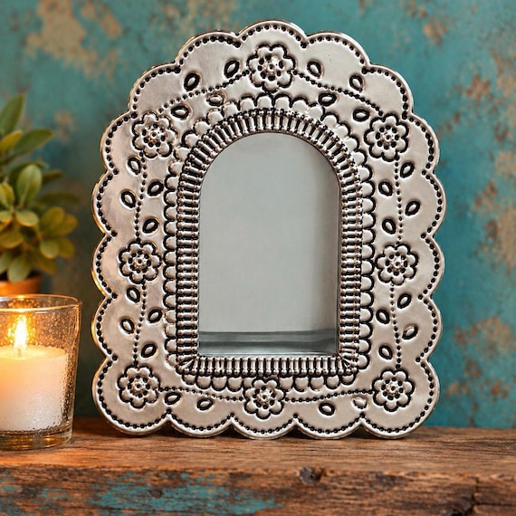Mexican Tin NICHO, Arched Shadowbox Frame, Silver