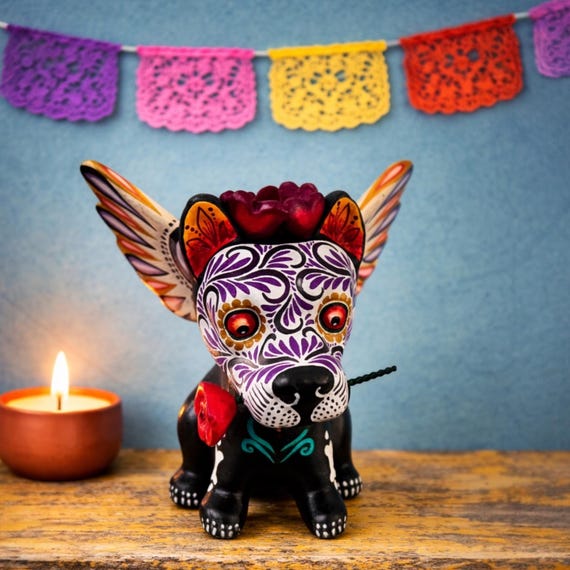 Day of the Dead Dog, Altar Ofrenda Decoration, Mexican Pottery Puebla, Skeleton Angel Puppy with Wings