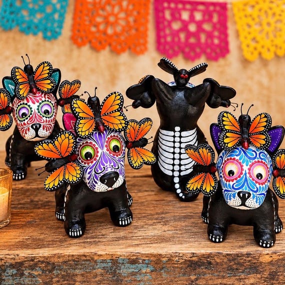 Day of the Dead DOG with Monarch BUTTERFLIES, Skeleton Puppy, Pet Altar Dia de los Muertos