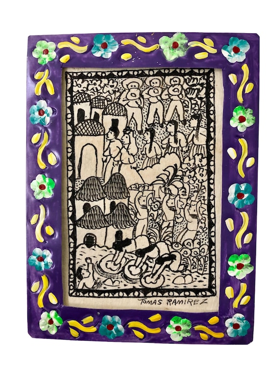 Mexican Framed OTOMI AMATE Bark Painting, Village Scene, Wedding Scene