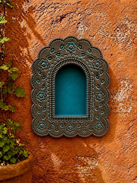 Mexican Tin NICHO, Arched Shadowbox Frame,  Oxidized w Blue Details 7 1/2"H