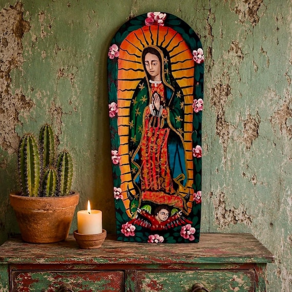 VIRGIN GUADALUPE Batea Doughbowl, LG 24” Hand Painted Mexican Retablo