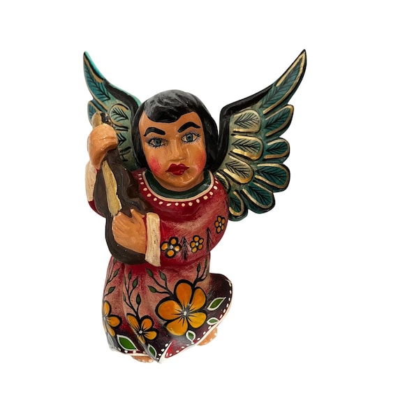 Mexican ANGEL with Violin, Full Body Hanging Carved Wood Angel