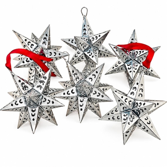 Moravian TIN STARS Set (6) Mexican Christmas Estrellas Ornaments, Silver 5”H