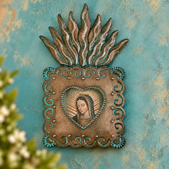 Mexican Tin Shadowbox Nicho, SACRED HEART Virgin GUADALUPE 8 1/2"H