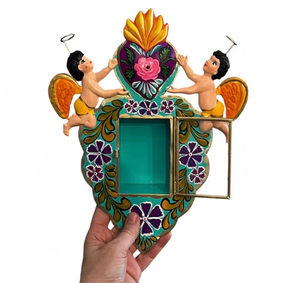 Tin Sacred Heart Nicho Frame: Mexican Corazon with Angels, Cherubs LG 10” Love Shadowbox