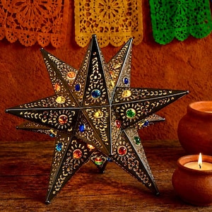 STAR Tree TOPPER Colored Marbles, Mexican Xmas Tin Star, Handmade Estrella 11”