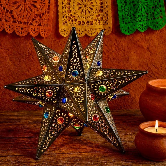 STAR Tree TOPPER Colored Marbles, Mexican Xmas Tin Star, Handmade Estrella 11”