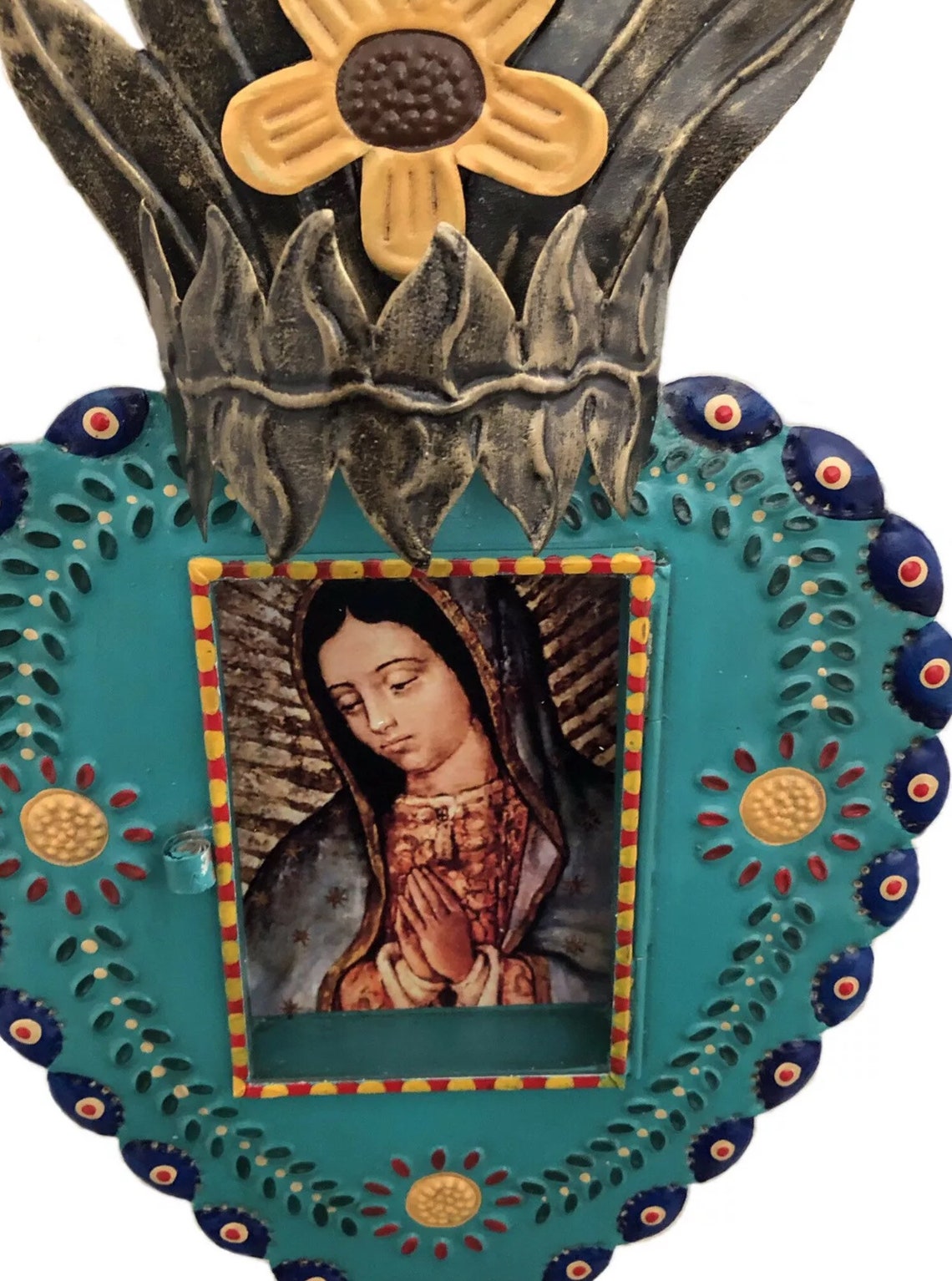 Sacred Heart Frame Punched Tin Heart VIRGIN GUADALUPE Nicho Etsy