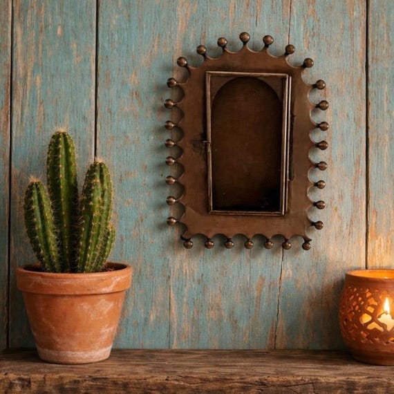Mexican Tin NICHO 8"H Glass Door Shadowbox Frame Display Niche, Altar Decor