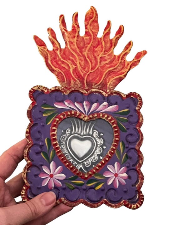 SACRED HEART Nicho, Mexican Tin Milagro Heart Frame, Sagrado Corazon, Purple