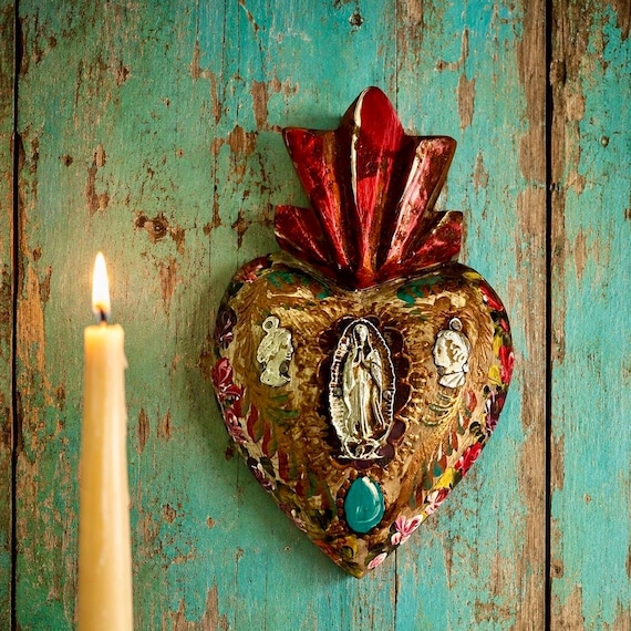 Virgin GUADALUPE Sacred HEART, Mexican Corazon w Doves, Milagros 7"H