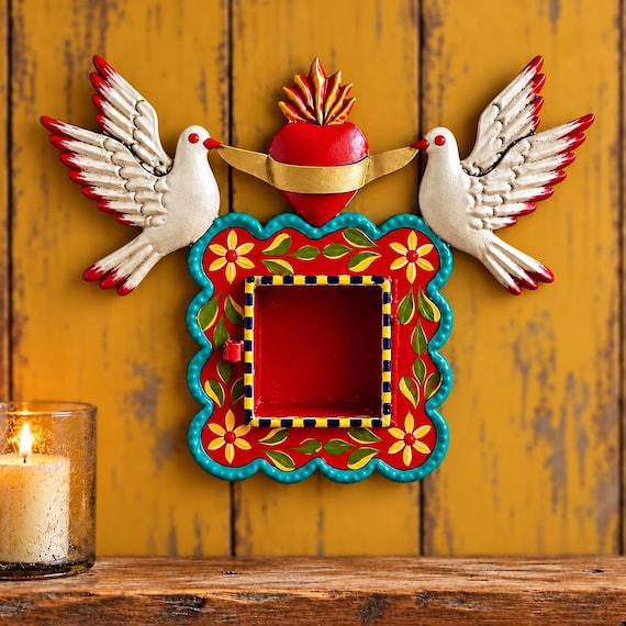 Sacred Heart Nicho, Hand Painted Shadowbox Frame with Doves, RED Mexican Tin Love Birds Niche