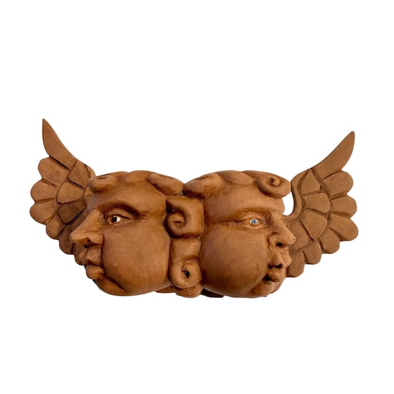 WOOD ANGEL, Two Faces Mexican Wood Angel w Glass Eyes, Cherubs, Cacheton, Chubby Cheeks Angel #3