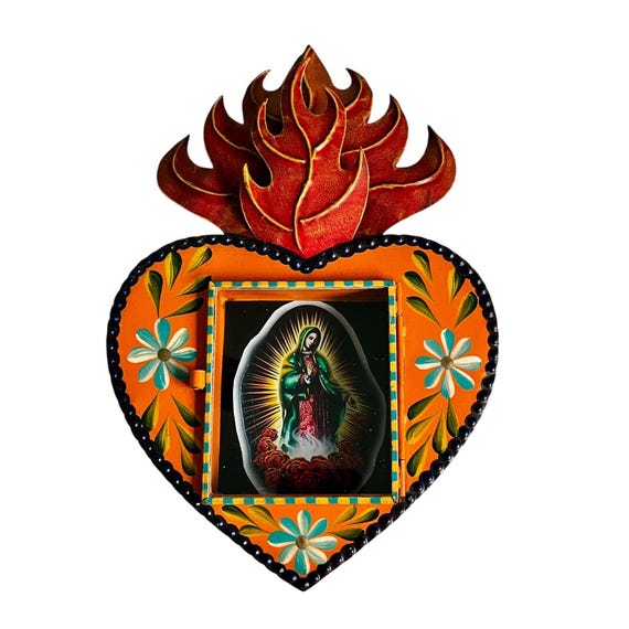 Sacred Heart Frame, Mexican Tin Nicho VIRGIN GUADALUPE, Punched Tin Heart