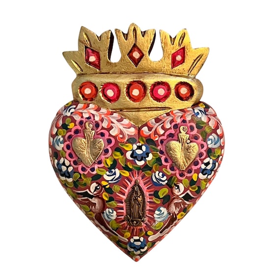 Milagros Heart Virgin GUADALUPE & Doves, ExVotos Corazon, SACRED Heart with CROWN
