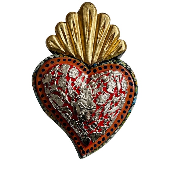 Milagros SACRED HEART, LARGE Heart with Charms, Mexican ExVotos Painted Corazon