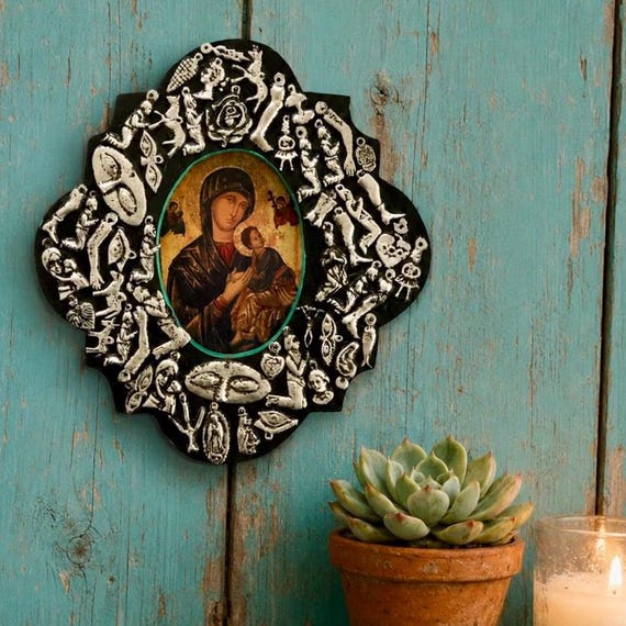 Mexican MILAGROS Plaque, VIRGIN MARY with Child, Frame with Charms ExVotos